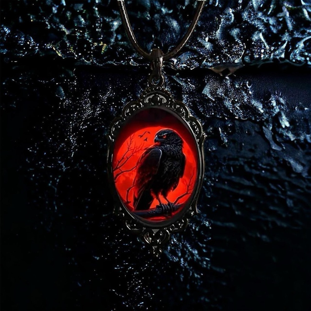 Gothic Crow‎ Red Moon Cameo Style Black Pendant Necklace